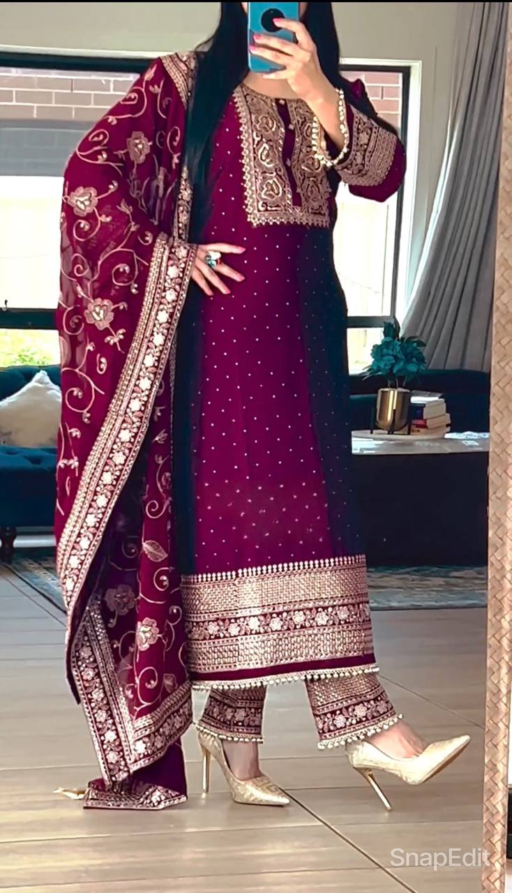 Maroon Embroidered Pakistani Suit