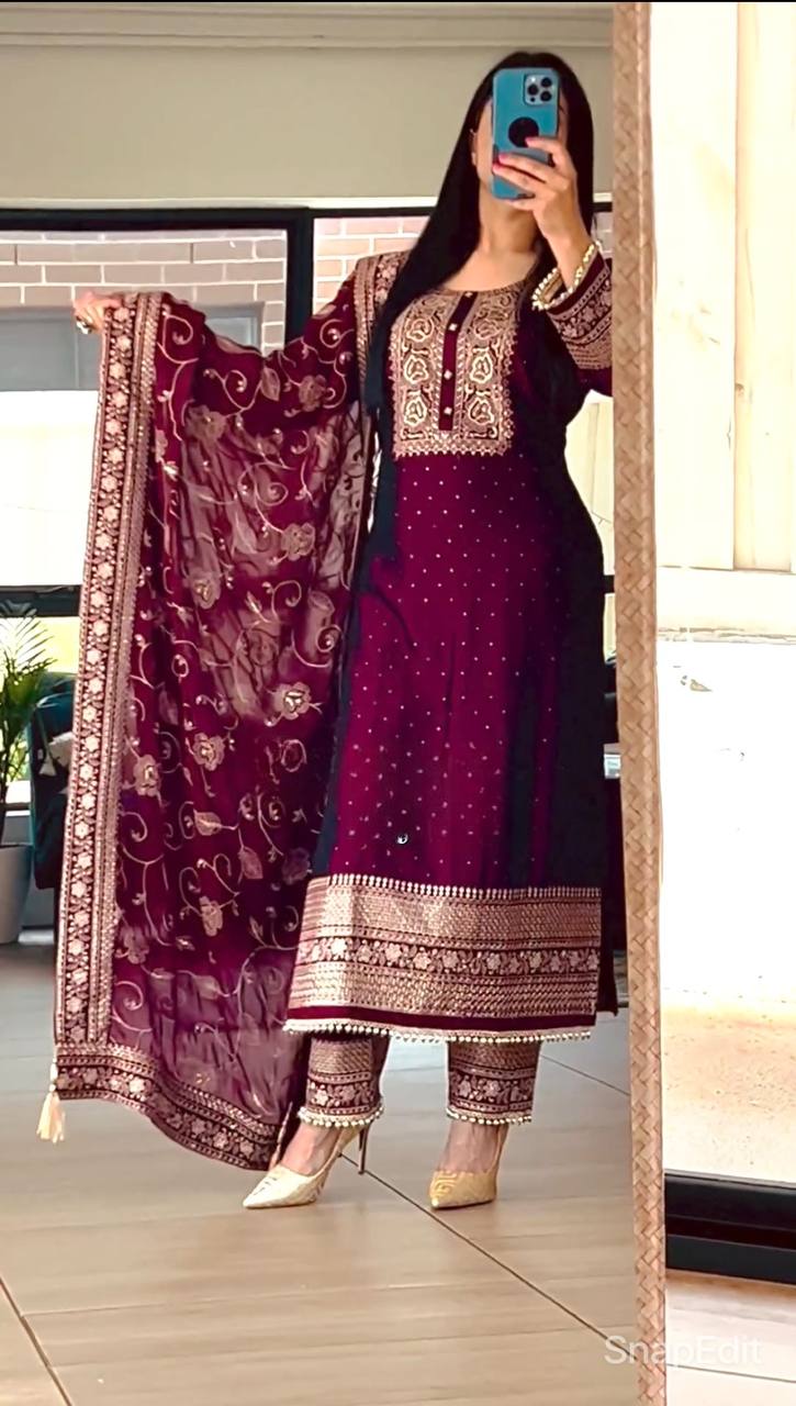 Maroon Embroidered Pakistani Suit