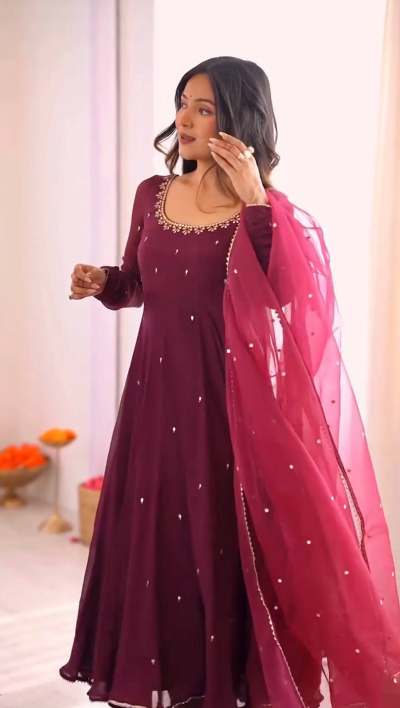 Elegant Embroidered Georgette Gown Set (With Pant & Dupatta)