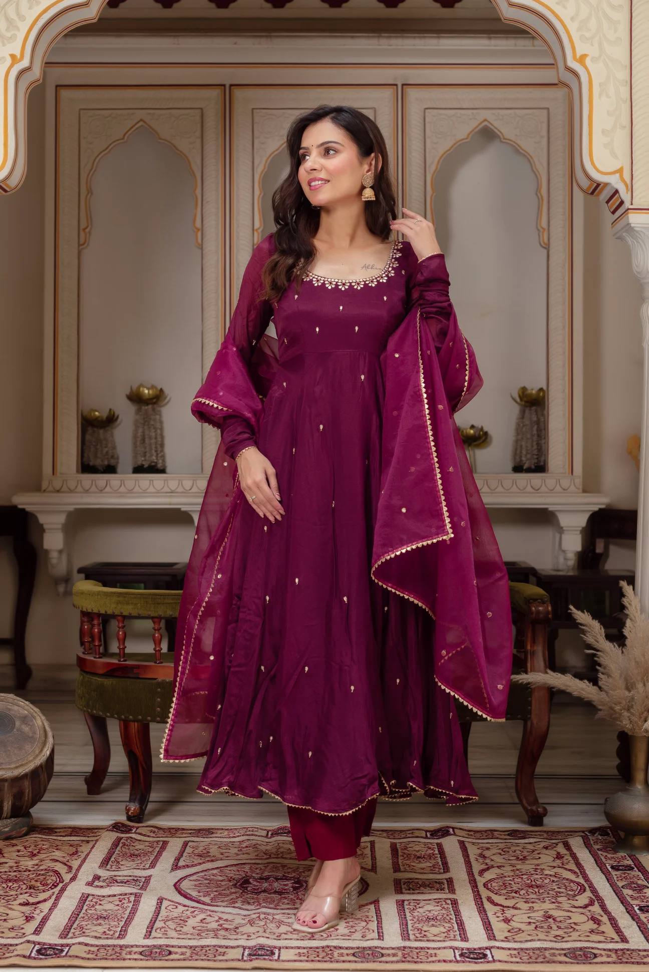 Elegant Embroidered Georgette Gown Set (With Pant & Dupatta)
