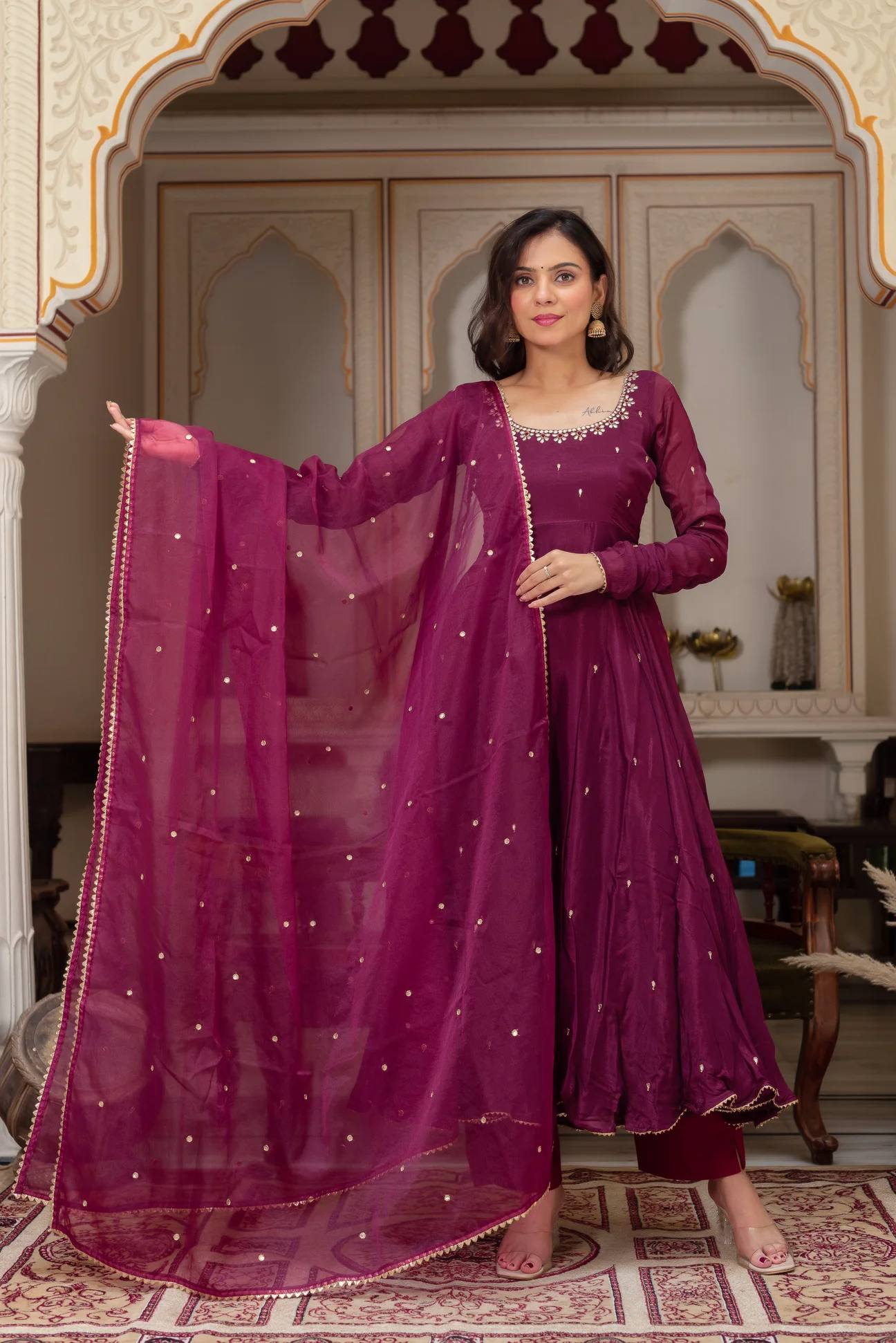Elegant Embroidered Georgette Gown Set (With Pant & Dupatta)