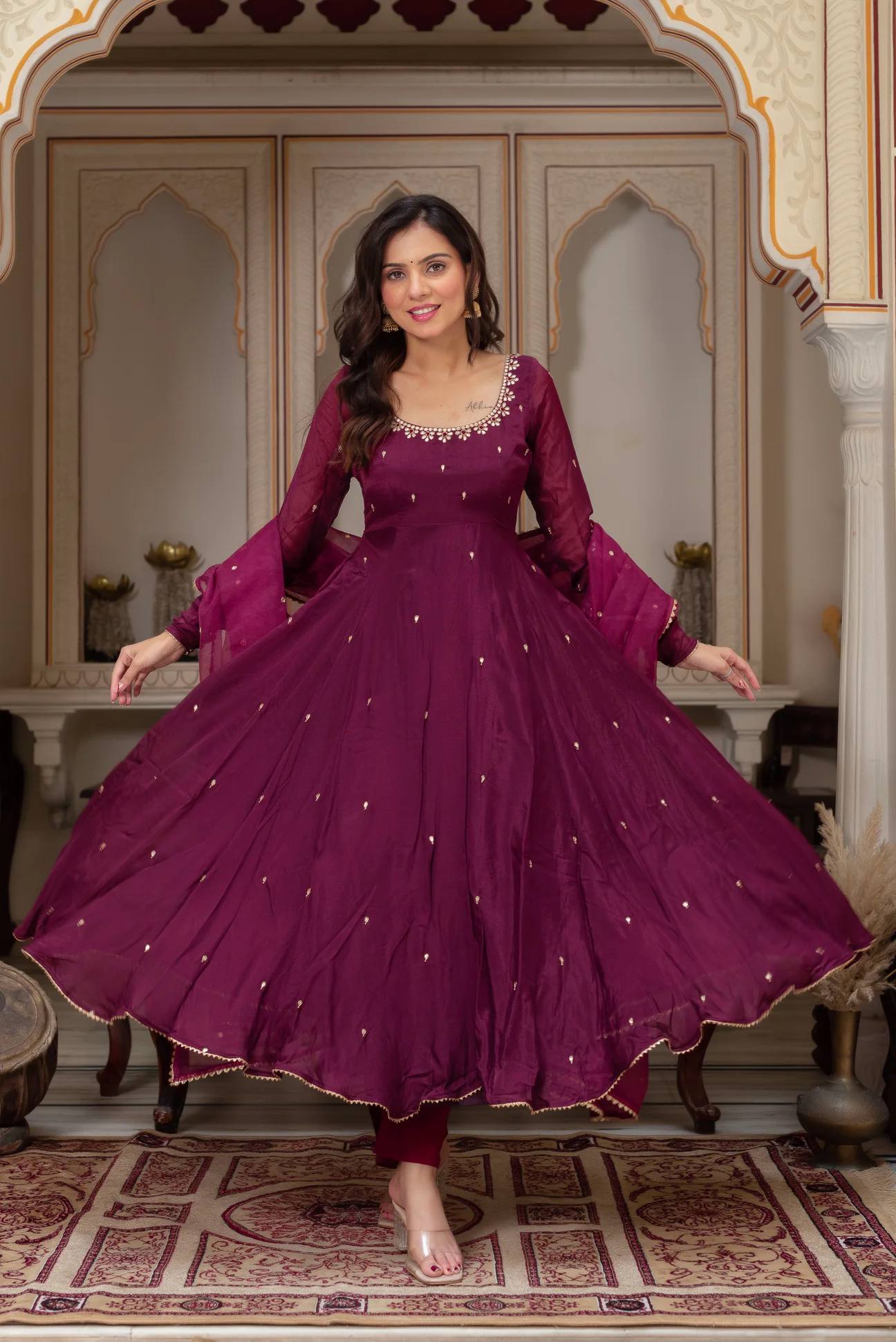Elegant Embroidered Georgette Gown Set (With Pant & Dupatta)