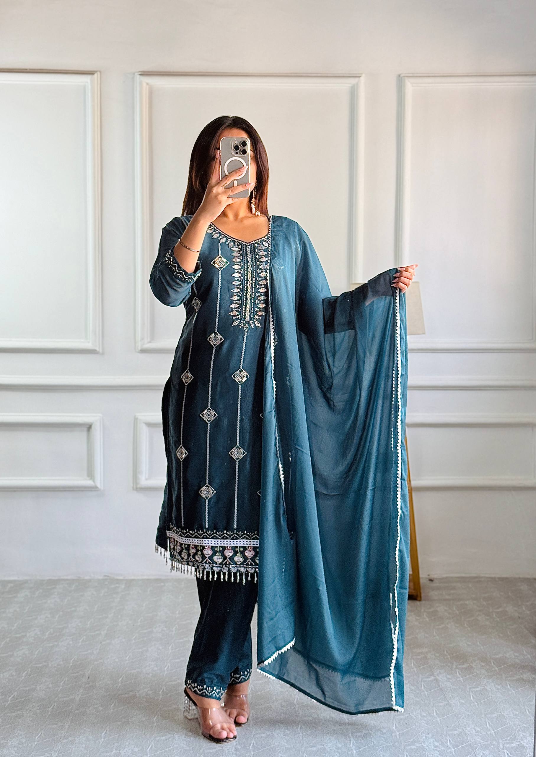 Teal Blue Embroidered Cotton Silk Suit with Dupatta