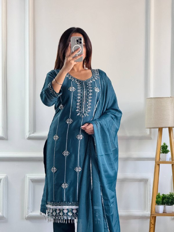 Teal Blue Embroidered Cotton Silk Suit with Dupatta