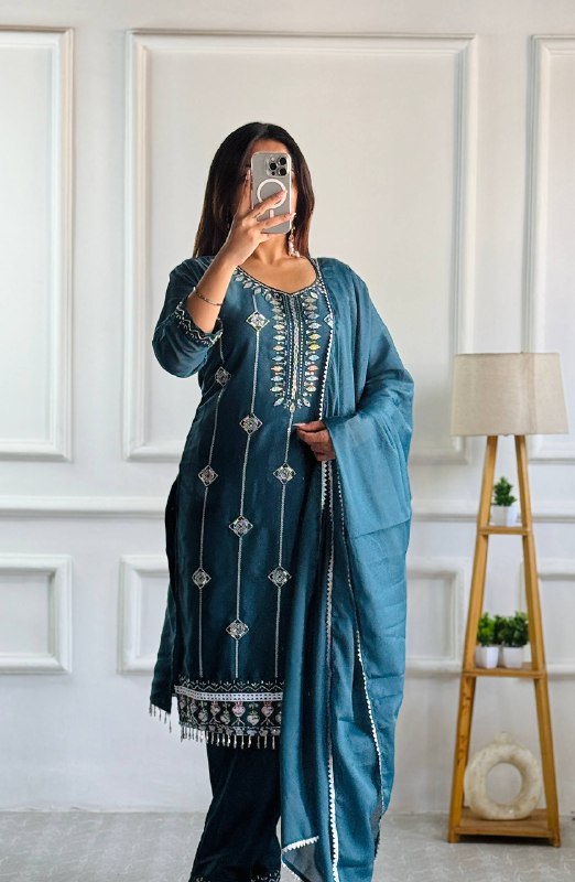 Teal Blue Embroidered Cotton Silk Suit with Dupatta