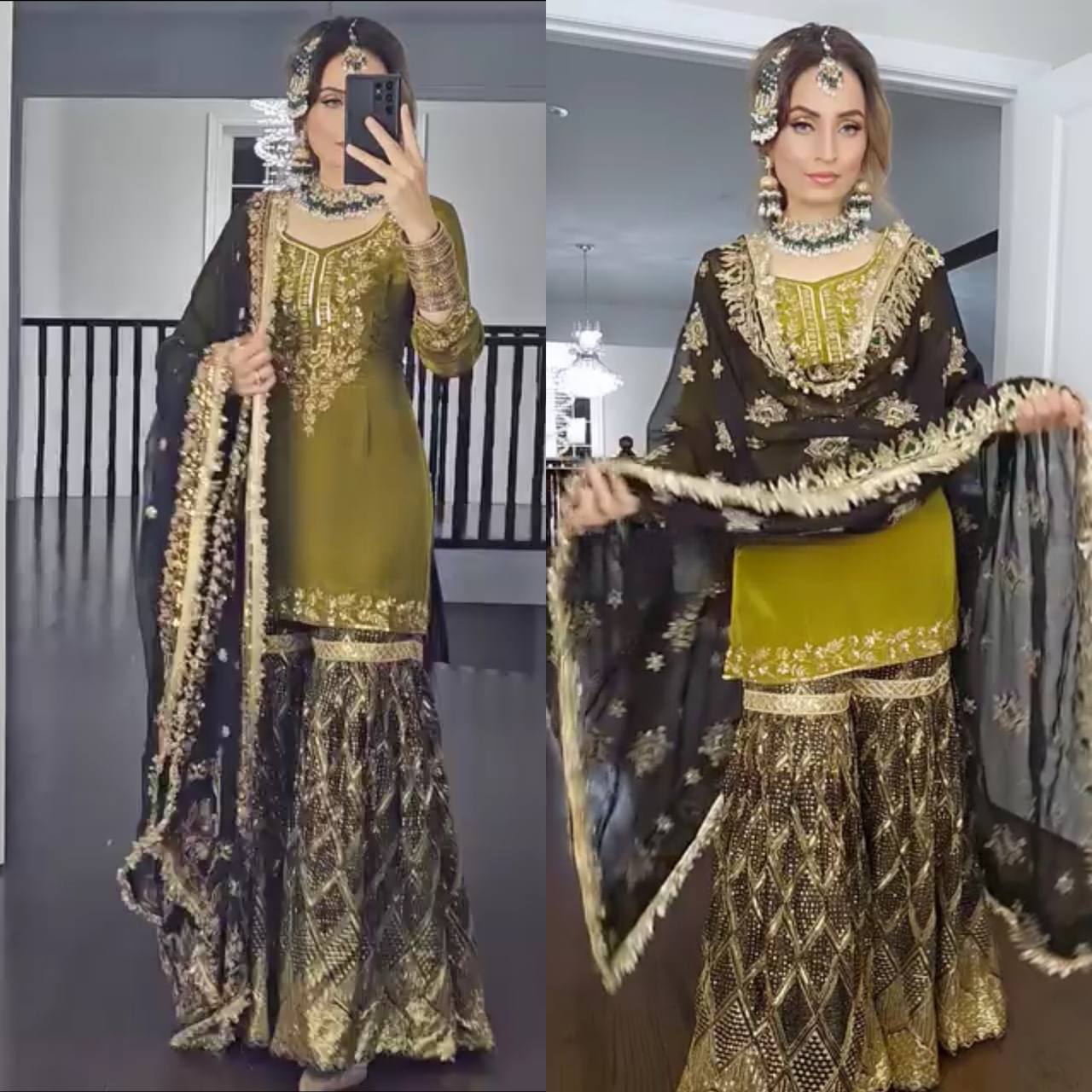 Olive Green Embroidered Sharara Suit – Glamorous Wedding Collection