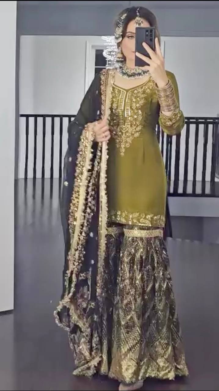 Olive Green Embroidered Sharara Suit – Glamorous Wedding Collection