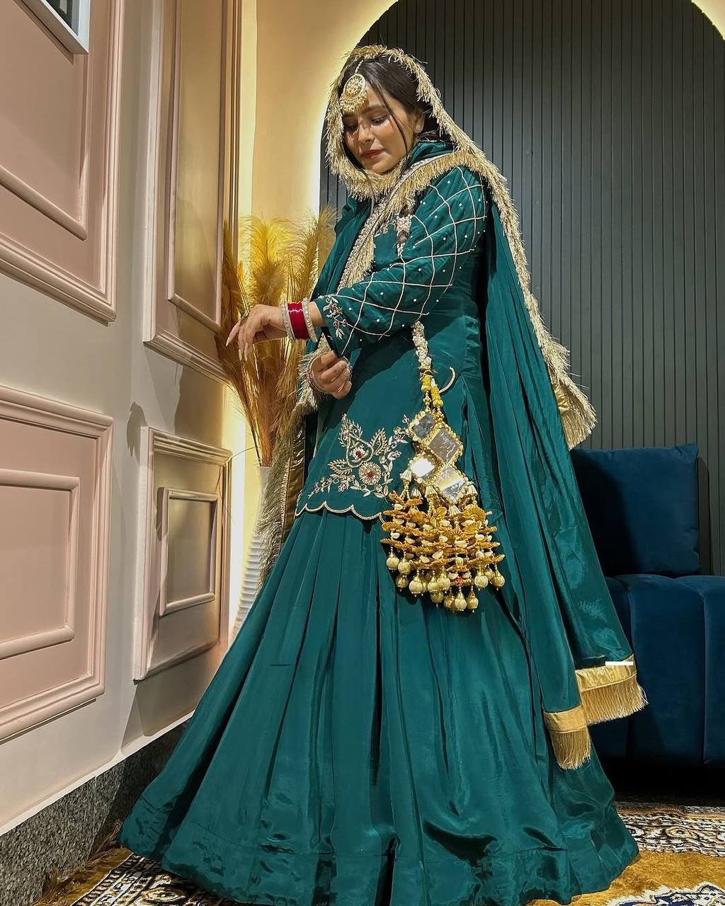 Elegant Emerald Green Embroidered  Set with Dupatta
