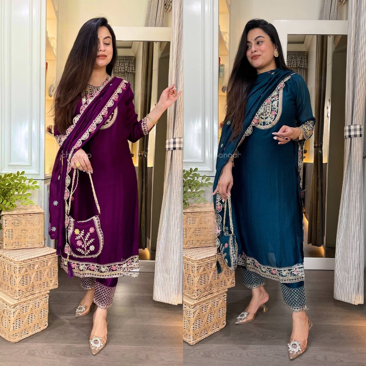 Elegance in Harmony: Blue and Purple Fashion Duo Unveiled