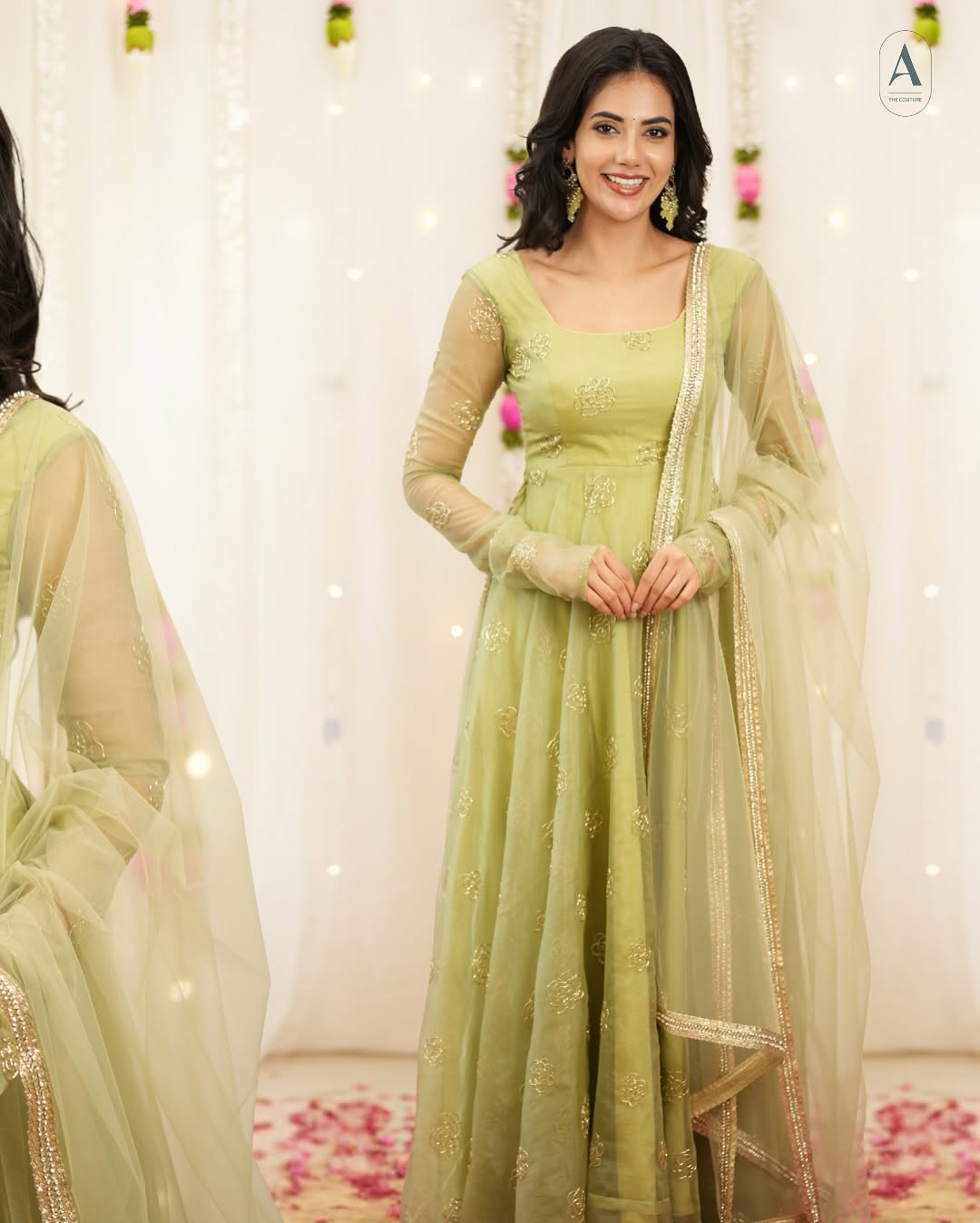 Highlights Organza & Net Rose-Work Amarkali Gown Set
