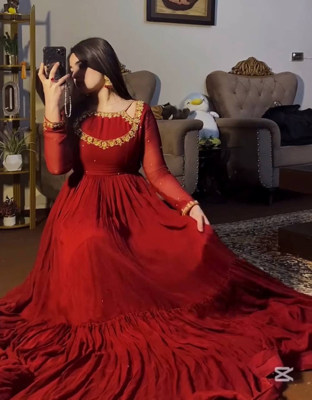 Readymade Maroon Flared Anarkali Suit with Pants and Dupatta