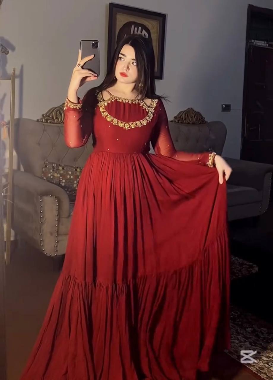 Readymade Maroon Flared Anarkali Suit with Pants and Dupatta