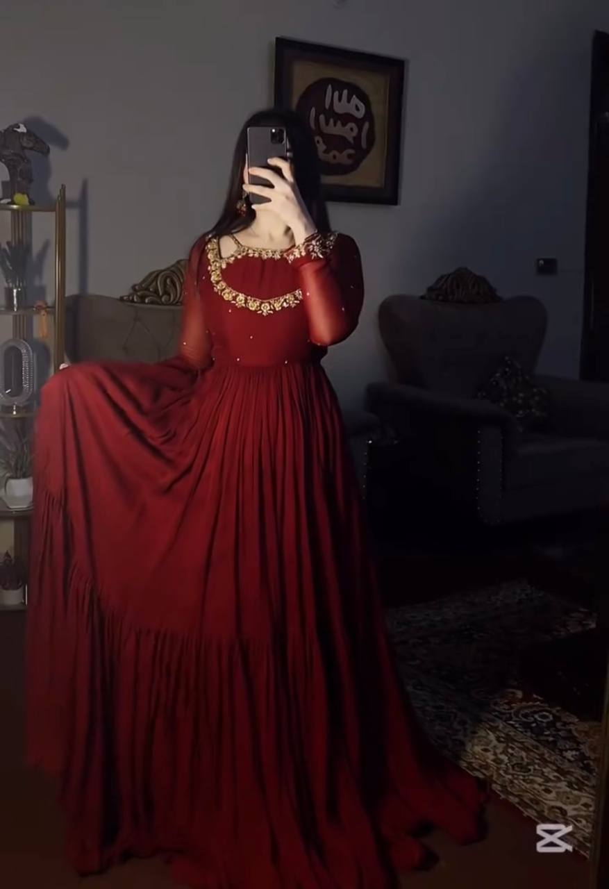 Readymade Maroon Flared Anarkali Suit with Pants and Dupatta