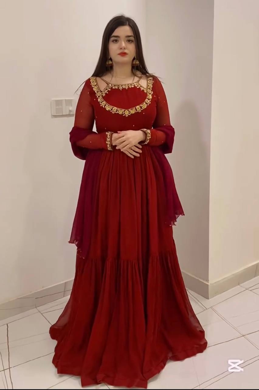 Readymade Maroon Flared Anarkali Suit with Pants and Dupatta