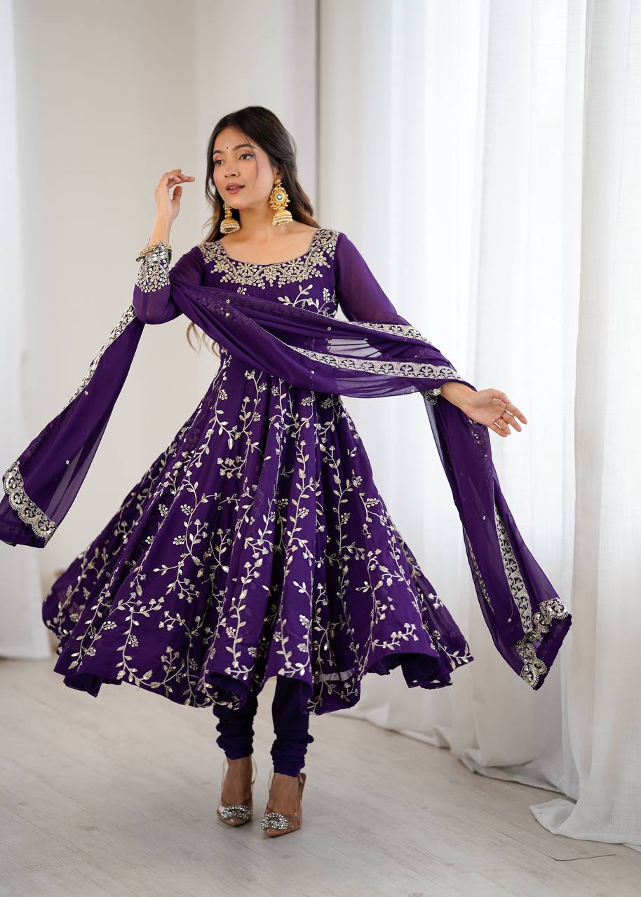 Luxury Deep Purple Festive Anarkali Suit - 3 Piece Set