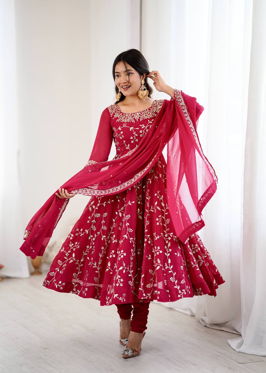 Luxury Deep Pink Festive Anarkali Suit - 3 Piece Set