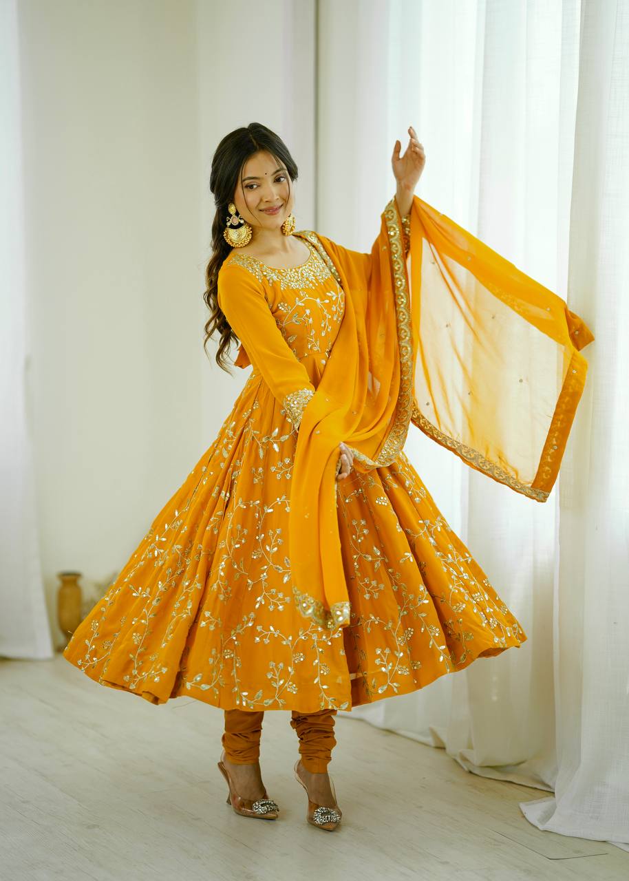 Luxury Deep Yellow Festive Anarkali Suit - 3 Piece Set