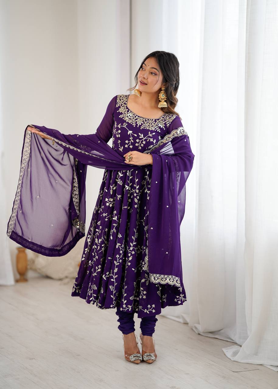 Luxury Deep Purple Festive Anarkali Suit - 3 Piece Set