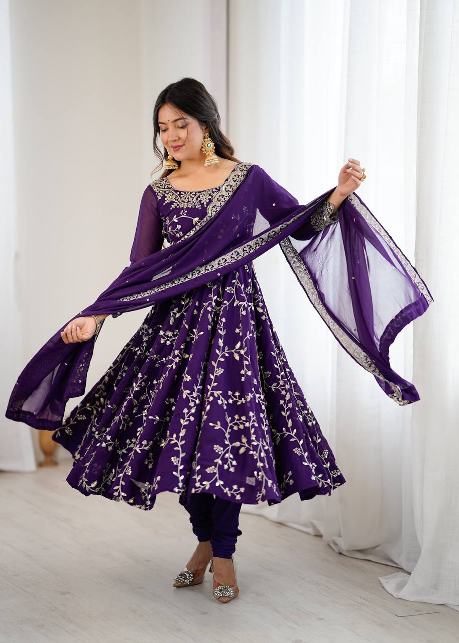 Luxury Deep Purple Festive Anarkali Suit - 3 Piece Set