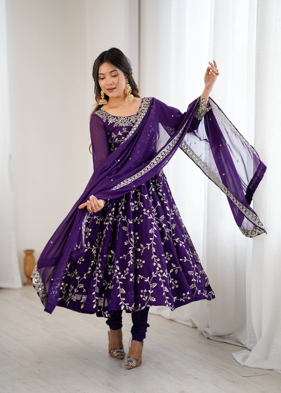 Luxury Deep Purple Festive Anarkali Suit - 3 Piece Set