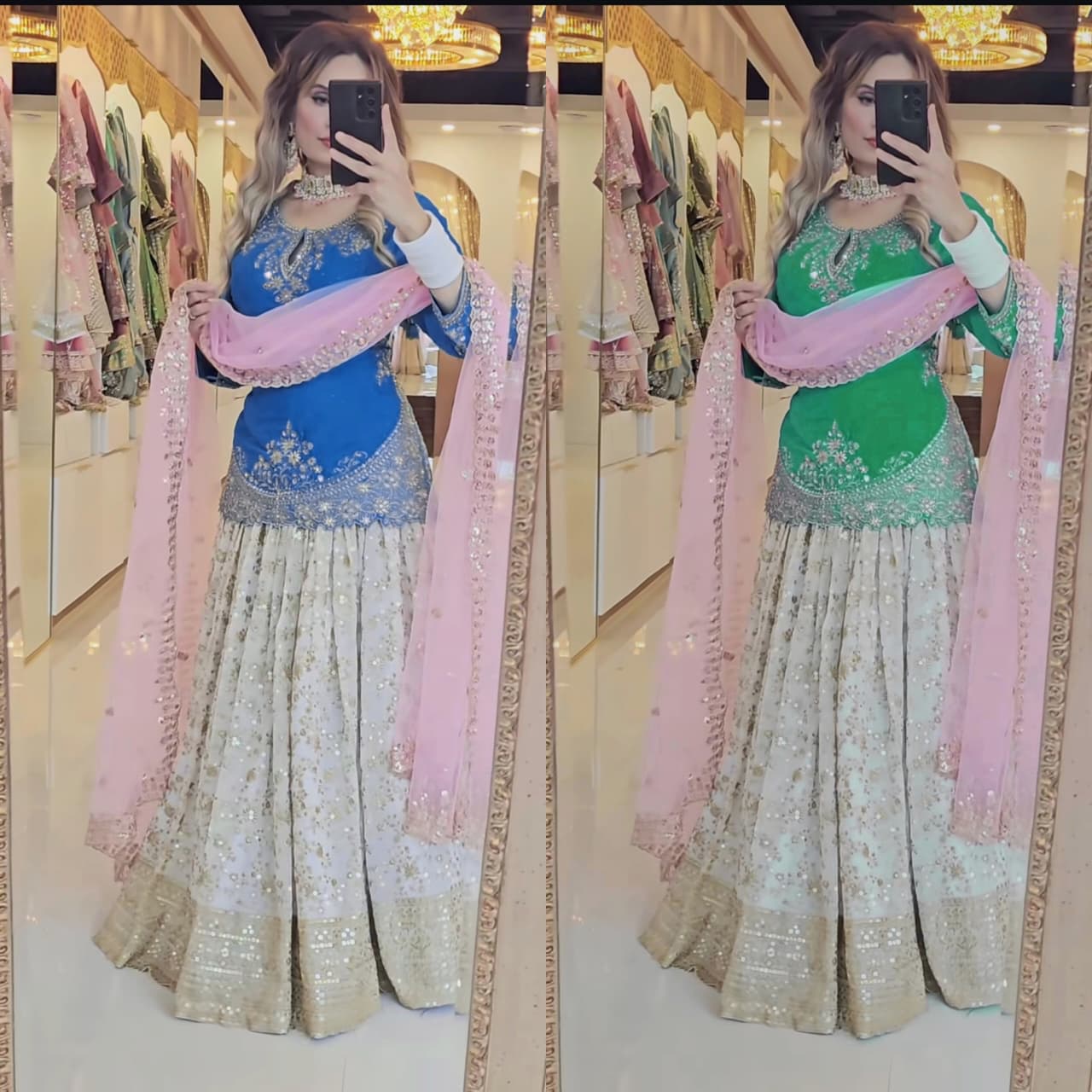 Ethereal Elegance: The Enchanting Blue and Pink Lehenga for the Modern Woman's Grand Affair
