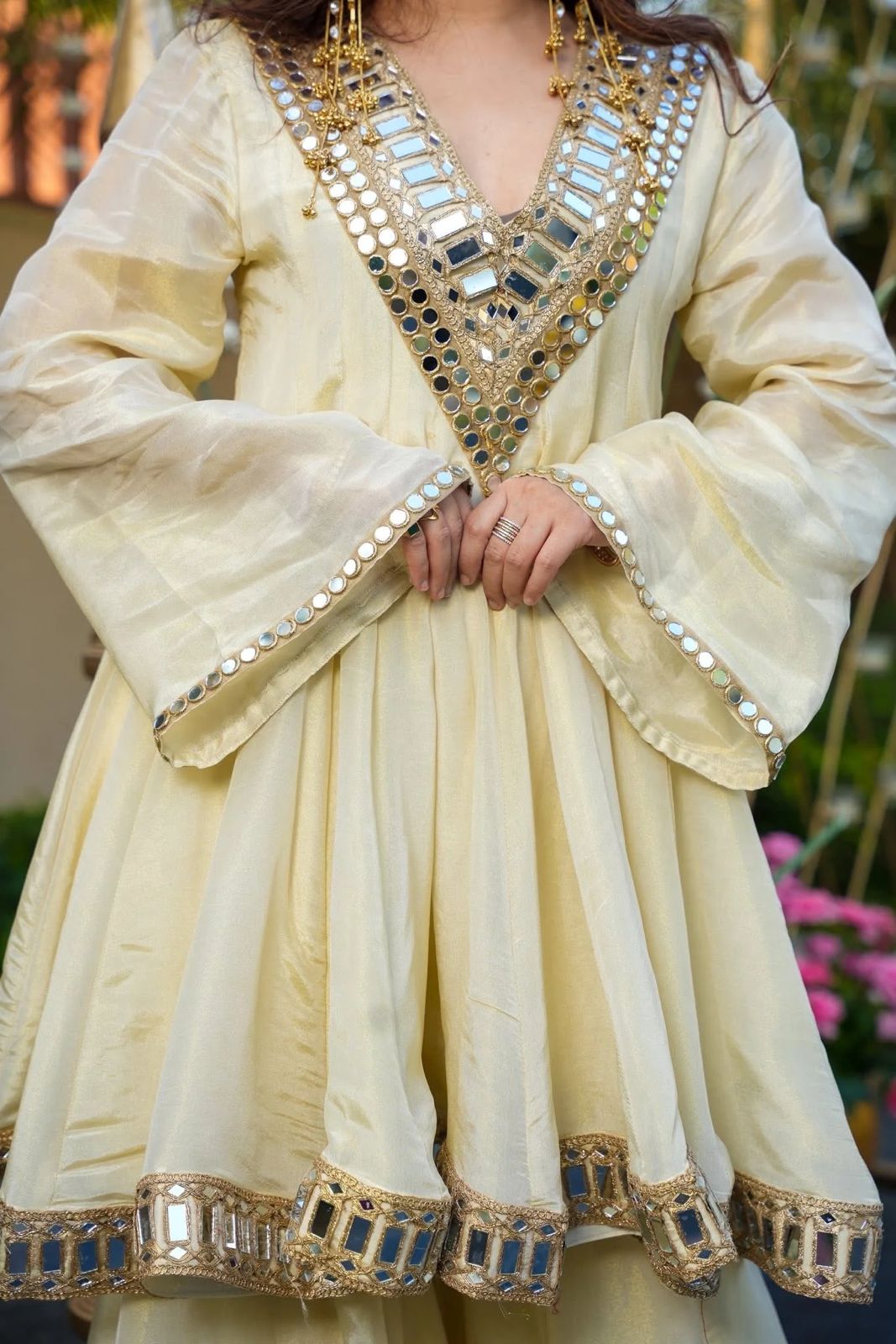 Cosmos Gold Jari Silk Real Mirror Work Anarkali Sharara Set With Dupatta