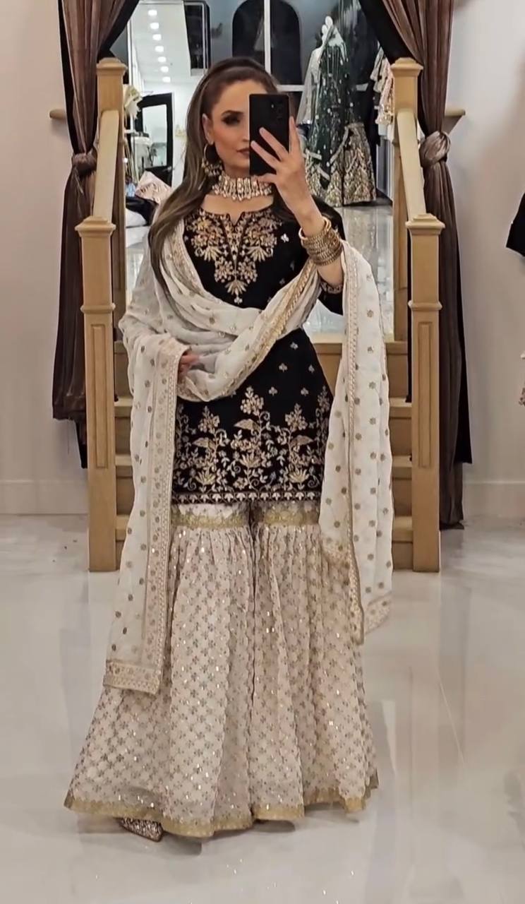 Black and White Embroidered Sharara Suit with Dupatta and Detailing