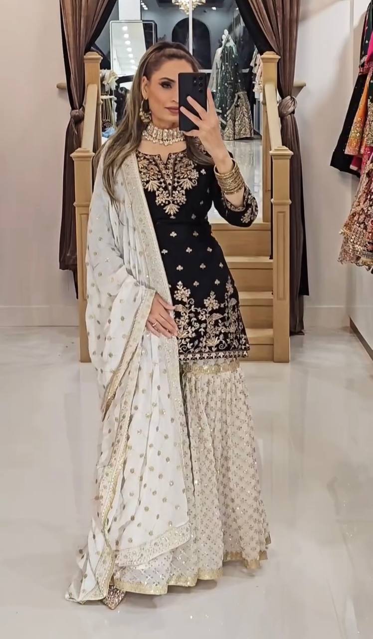 Black and White Embroidered Sharara Suit with Dupatta and Detailing