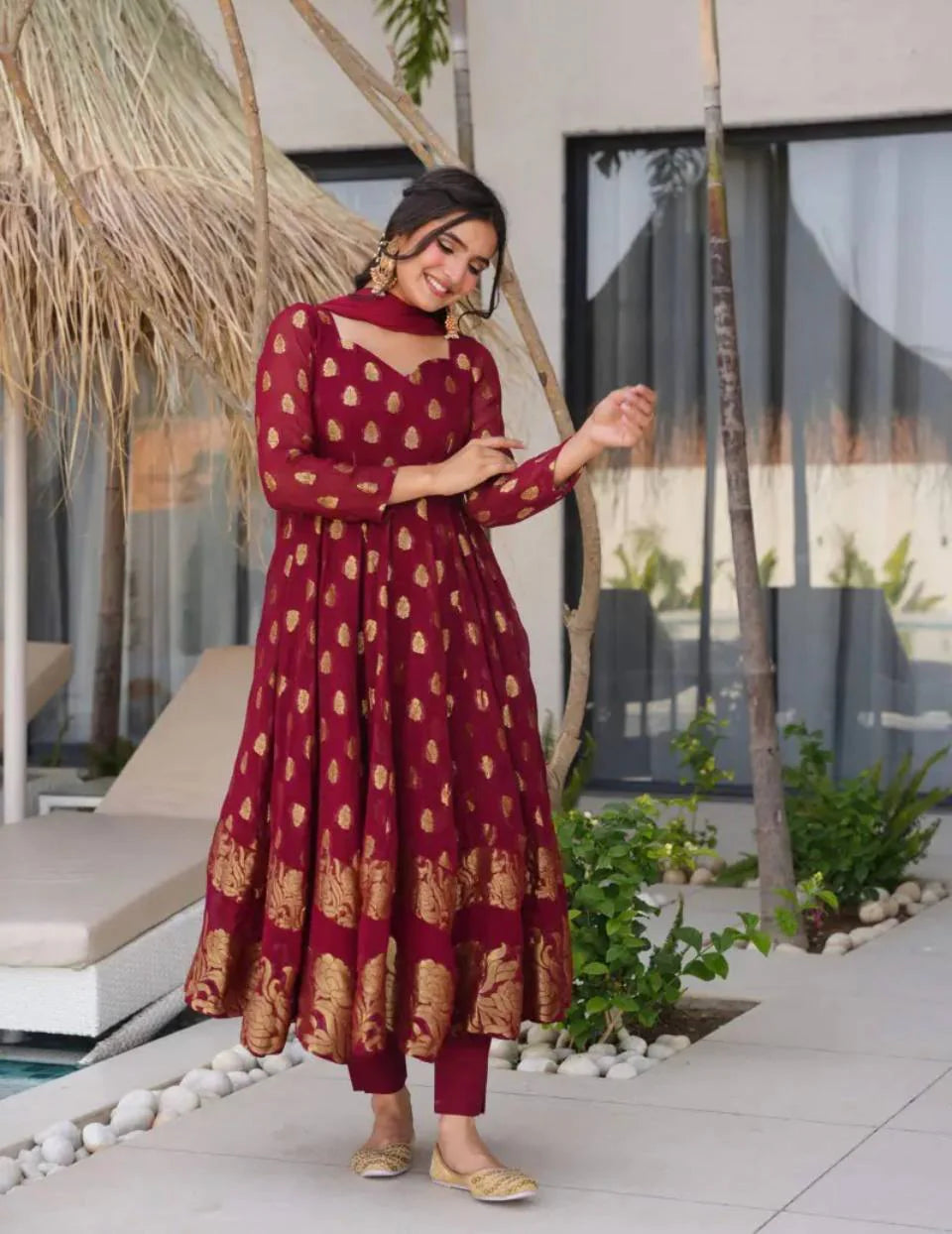 Maroon Anarkali Suit with Intricate Embroidery...