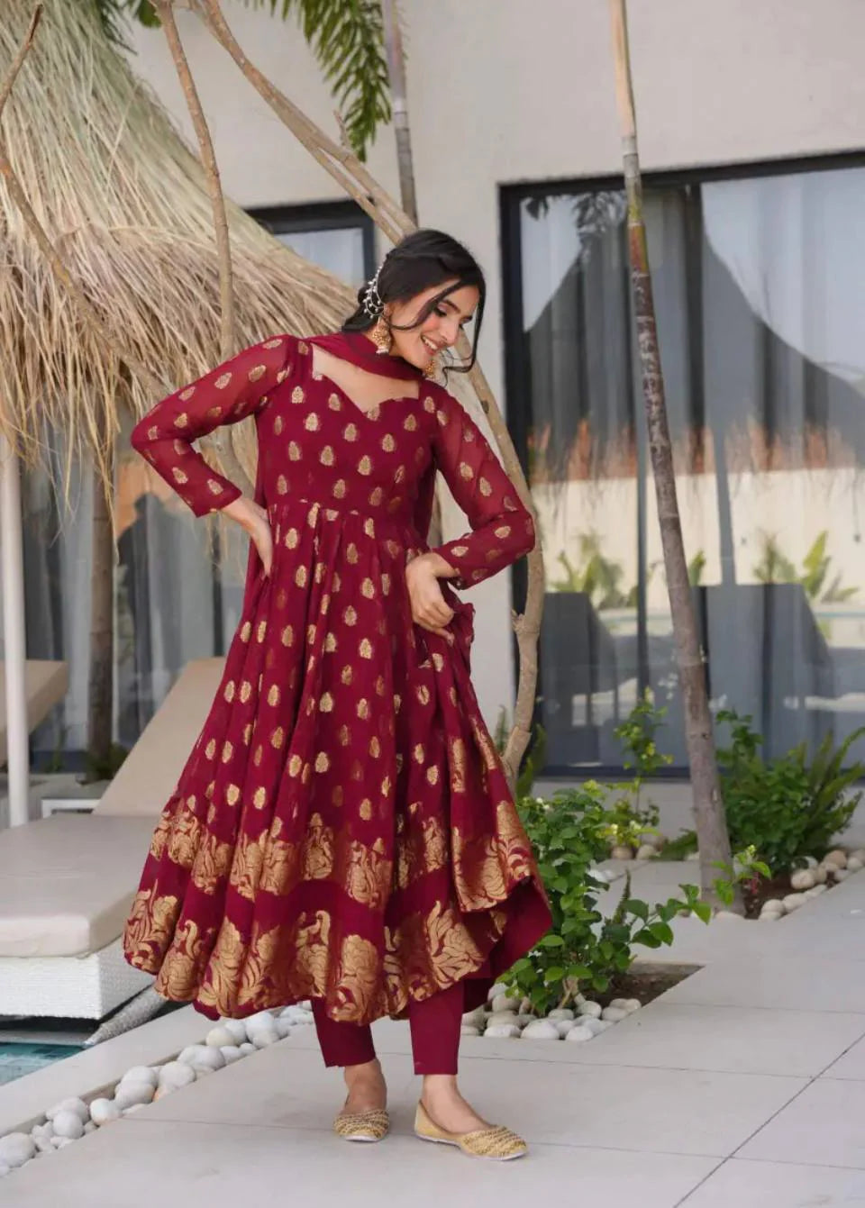Maroon Anarkali Suit with Intricate Embroidery...