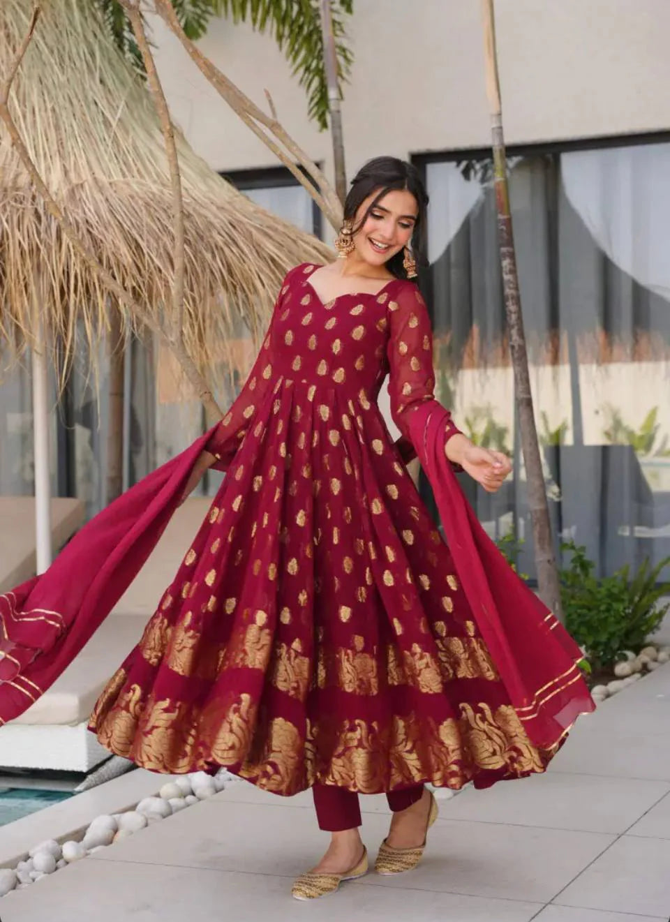 Maroon Anarkali Suit with Intricate Embroidery...