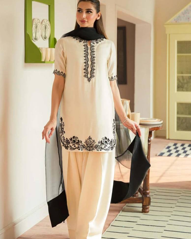 women’s cream salvar black embroidery elegant :