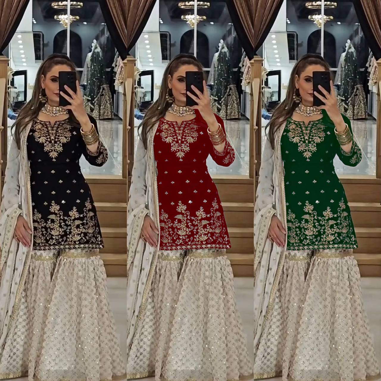 Black and White Embroidered Sharara Suit with Dupatta and Detailing