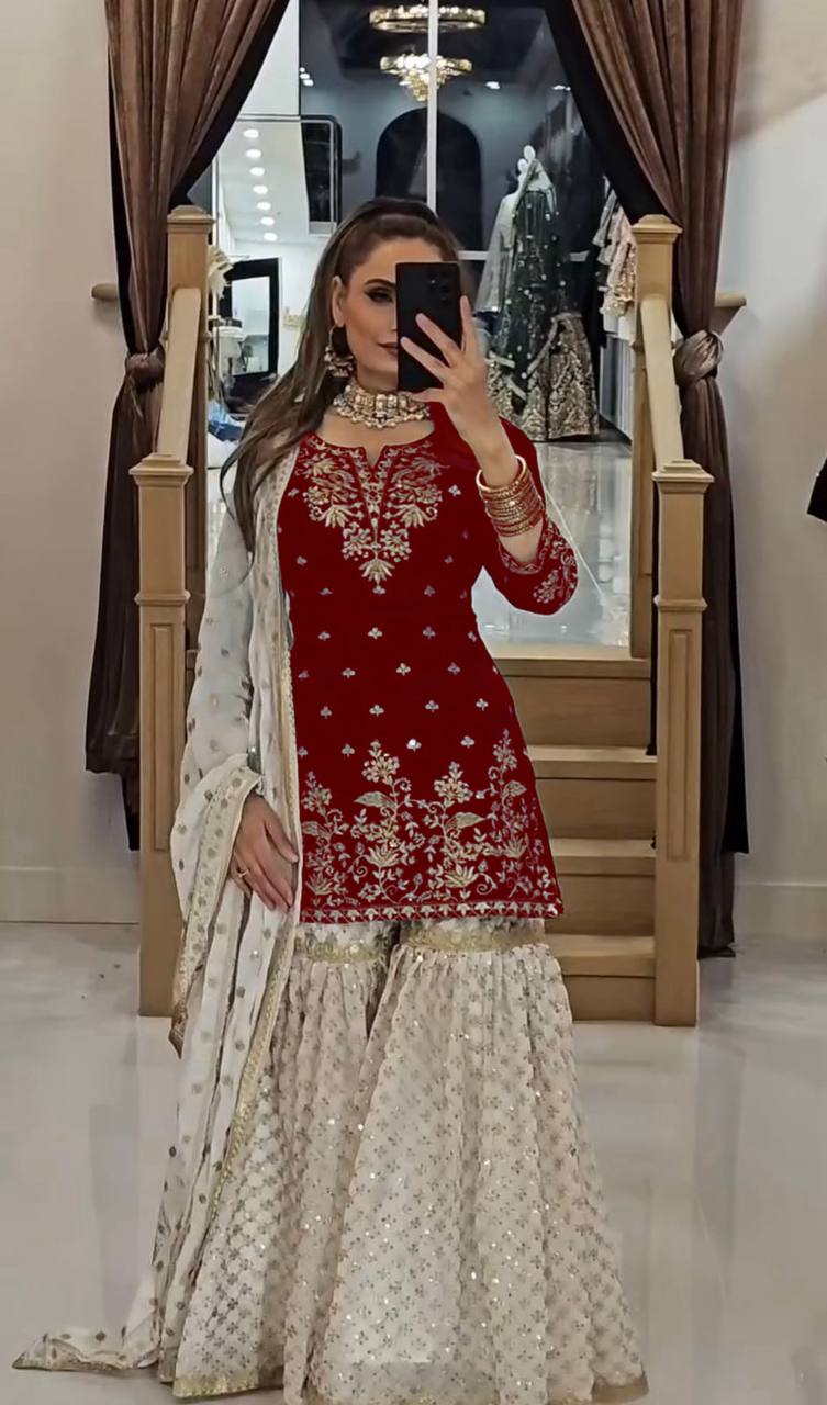 Black and White Embroidered Sharara Suit with Dupatta and Detailing
