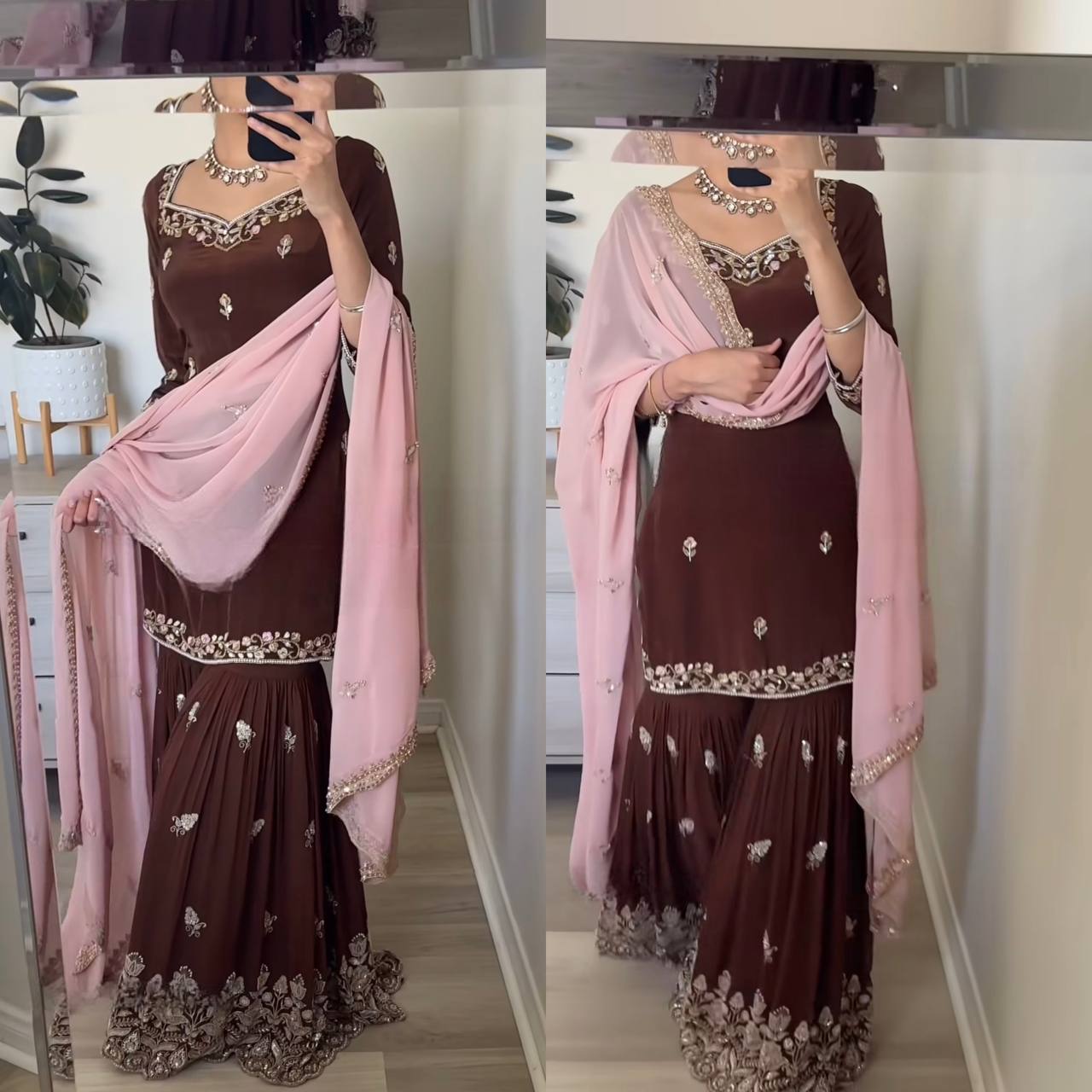 Elegante Anarkali in Maroon mit zartem pinken Dupatta-Glanz