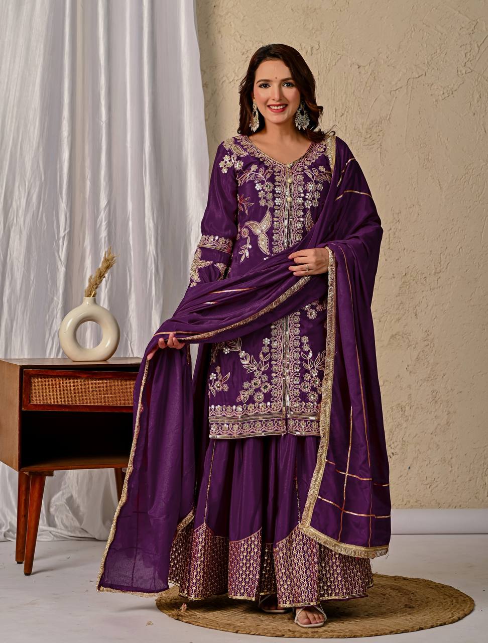 Regal Elegance: Purple Embroidered Georgette Ensemble