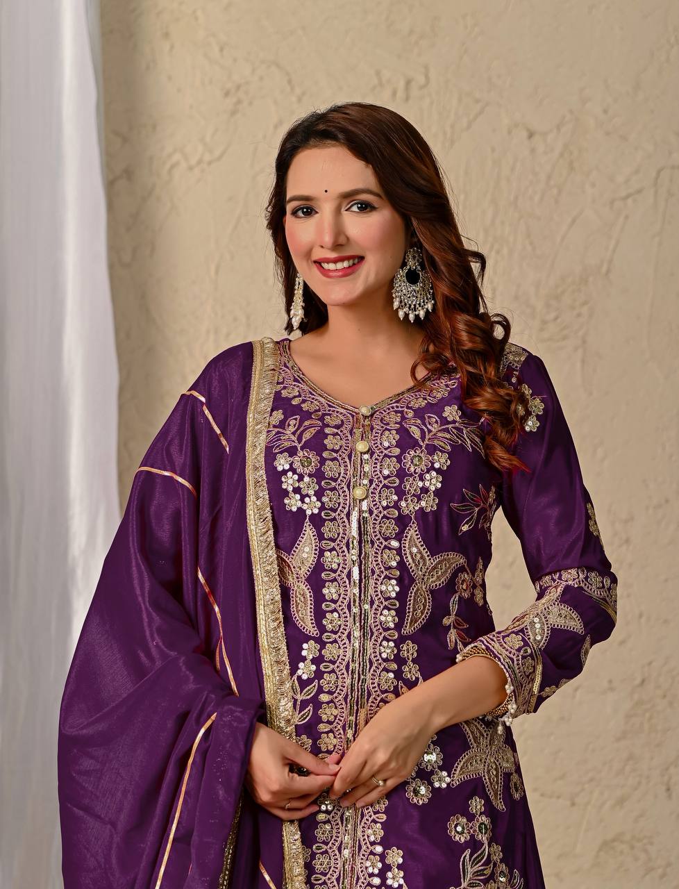 Regal Elegance: Purple Embroidered Georgette Ensemble