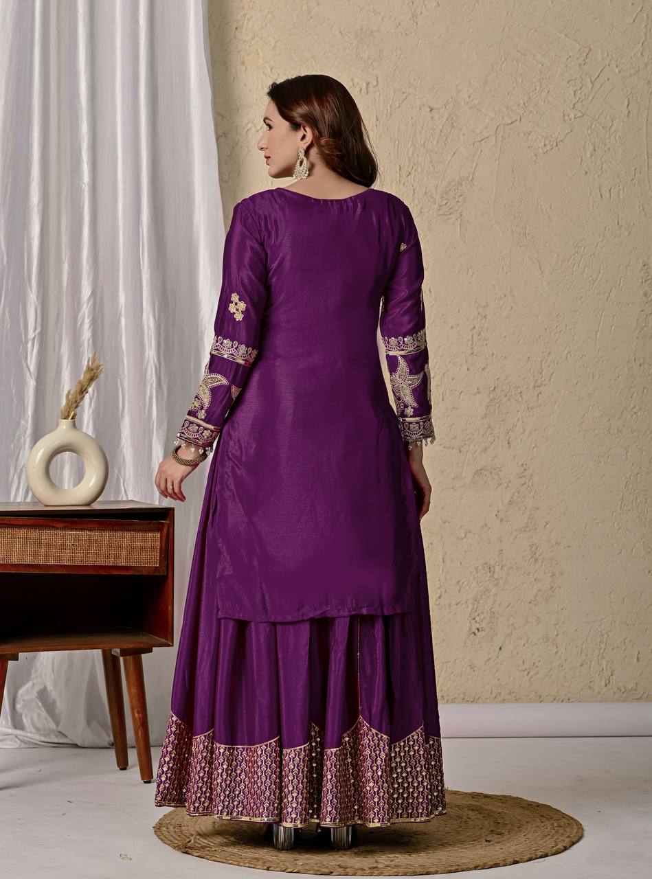 Regal Elegance: Purple Embroidered Georgette Ensemble