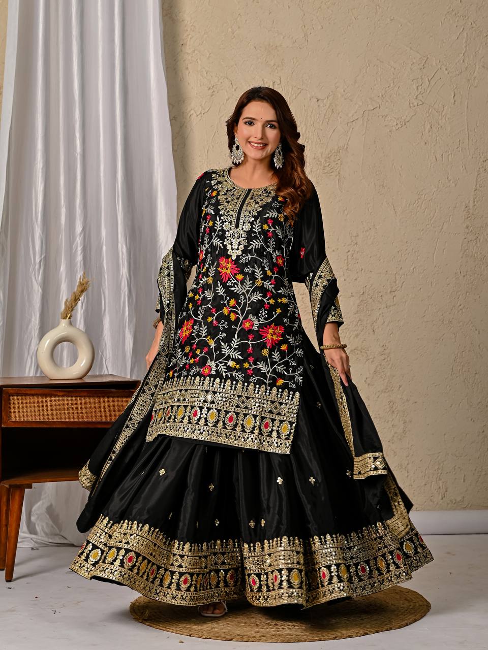 Opulent Noir: Embroidered Silk Suit with Elegant Dupatta Ensemble