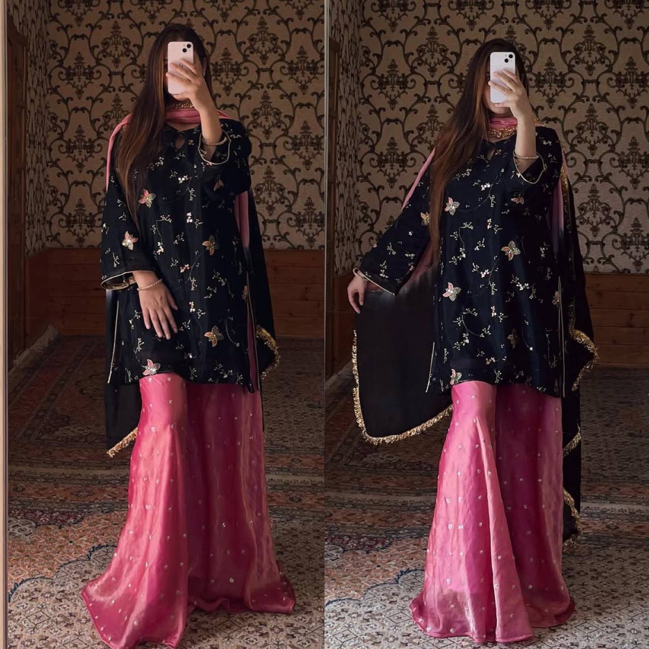 Opulent Black and Pink Embroidered Lehenga Suit with Matching Dupatta